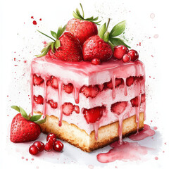 Watercolor kawaii clipart, a beautiful birthday cake with strawberries and cream on top, clean white background,