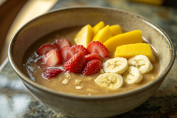 A bowl of Oat Smoothie Bowl with banana slices, strawberry, apple, watermelon,dragon fruits and thin slices of mango.