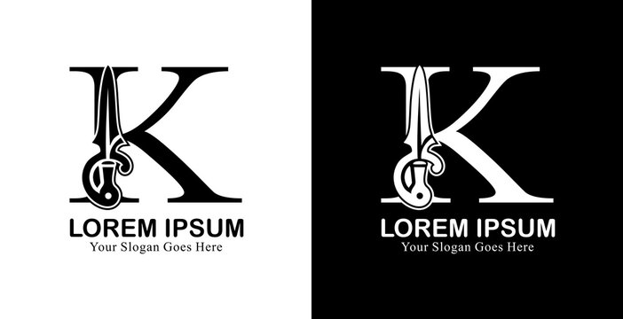 sword-shaped logo design combined with the letter K
