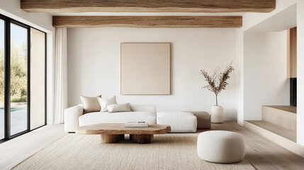 Fototapeta premium contemporary living room with neutral tones, natural light, and minimal decor