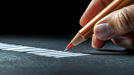 Hand Holding Red Pencil Drawing Thin Lines on Dark Background for Creative Design