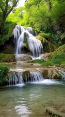 Obraz premium cascading waterfall, surrounded by lush greenery and moss-covered rocks, creates an enchanting natural scene. The water is crystal clear with soft ripples as it flows down the rocky surface