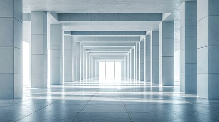 Obraz premium A long, empty hallway with white pillars and a window