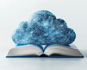 Intimate close-up of a stylized cloud with a book icon representing digital learning, set against a white backdrop.