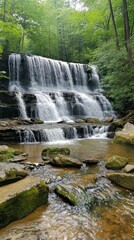 Obraz premium cascading waterfall, surrounded by lush greenery and moss-covered rocks, creates an enchanting natural scene. The water is crystal clear with soft ripples as it flows down the rocky surface