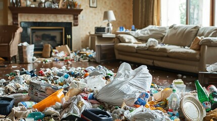 Cluttered living room floor with trash, messy home, background of dirty furniture.  Possible use articles on cleaning, hoarding, or home organization
