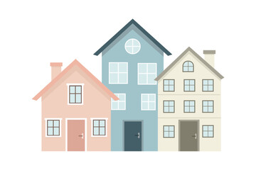 Cute houses isolated on white background. Row of different houses at the street, a front view. Vector illustration