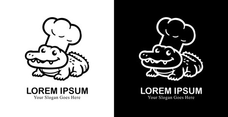 desain logo berbentuk buaya yang memakai topi koki