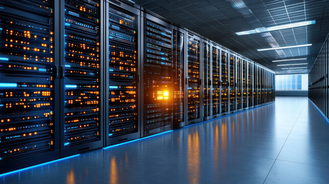 futuristic server room with glowing indicators and sleek design