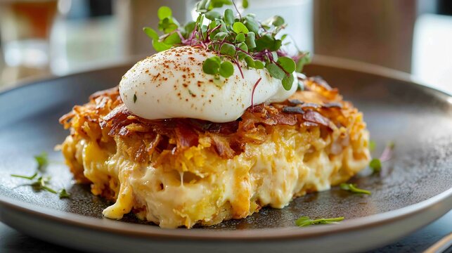 An upscale brunch plate with cheesy hash brown casserole, garnished with microgreens and a poached egg, on a high-end restaurant setting