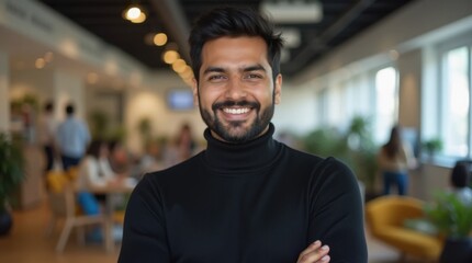 Obraz premium Confident Indian Startup CEO in Black Turtleneck
