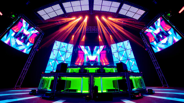 Futuristic DJ Booth with Holographic Display and Rotating LED Panels - Ultra Music Festival