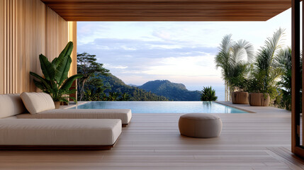 Fototapeta premium Luxurious rooftop resort bar with infinity pool and stunning views