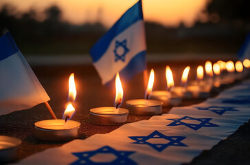 The flag of Israel and burning candles in the foreground. Israel's Independence Day. Patriotic holiday. Memorial Day - Yom Hazikaron. The concept of the holiday Yom Ha'atzmaut. Horizontal banner. Copy