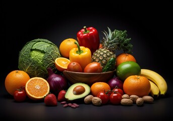 Vibrant Selection of Fresh Fruits and Vegetables on Dark Background - Perfect for Healthy Food Promotion and Nutrition Blogs