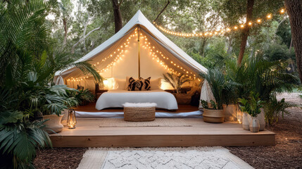 Luxurious bell tent surrounded by lush greenery and warm lights