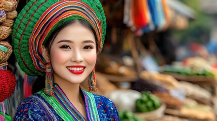 Fototapeta premium Young Woman with Vibrant Headwear Smiling at Market Stall Surrounded by Fresh Produce