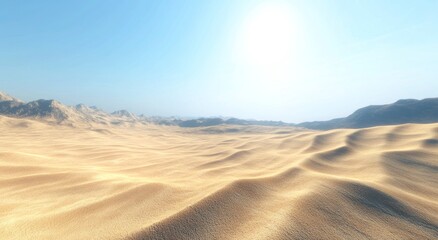 panoramic view of the desert dunes, with undulating sand that glows under the sunlight, creating an atmosphere reminiscent of oriental paintings.