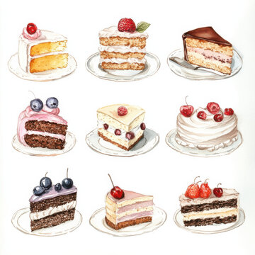 watercolor drawing of backery cake slices on plates, white backround, cute, vintage looking, all items distanced from the others 