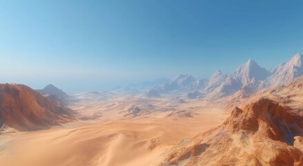 Naklejka premium panoramic view of the desert dunes, with undulating sand that glows under the sunlight, creating an atmosphere reminiscent of oriental paintings.