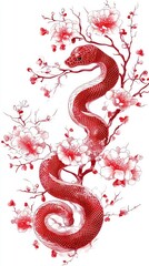 Obraz premium Red snake coiled around delicate cherry blossom branches, intricate detail, white background.