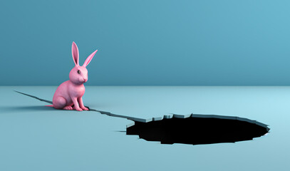 A fluffy bunny sits in a pastel-colored scene with a mysterious hole nearby, surrounded by broken egg fragments in a dreamy, playful setting