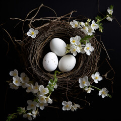 big easter eggs in nest decorated with branches and flowers.flat lay generative ai photo.quail or hen eggs on black or ivory surface.