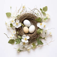 big easter eggs in nest decorated with branches and flowers.flat lay generative ai photo.quail or hen eggs on black or ivory surface.