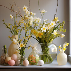 easter arrangement with flowers in vase,many colorful eggs different size and real or ceramic rabbit,bunny. decoration on shelf against window or on table against wall.generative ai photo