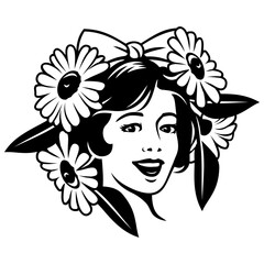 Pretty Girl Face with Flowers and Leaves on Head. Spring Woman Portrait. Black and white vector clipart isolated on white.