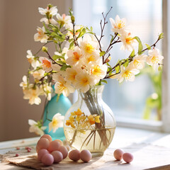 easter arrangement with flowers in vase,many colorful eggs different size and real or ceramic rabbit,bunny. decoration on shelf against window or on table against wall.generative ai photo