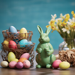 easter arrangement with flowers in vase,many colorful eggs different size and real or ceramic rabbit,bunny. decoration on shelf against window or on table against wall.generative ai photo