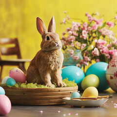 easter arrangement with flowers in vase,many colorful eggs different size and real or ceramic rabbit,bunny. decoration on shelf against window or on table against wall.generative ai photo