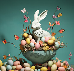 easter arrangement with flowers in vase,many colorful eggs different size and real or ceramic rabbit,bunny. decoration on shelf against window or on table against wall.generative ai photo