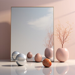 Many different  colour and size eggs, including white, black, and brown, reflecting in water or in mirror. Ai generated, aesthetic, perfect shape, easter eggs