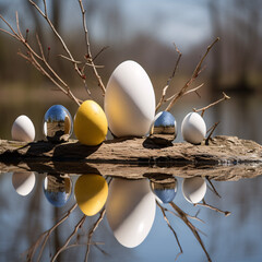 Many different  colour and size eggs, including white, black, and brown, reflecting in water or in mirror. Ai generated, aesthetic, perfect shape, easter eggs