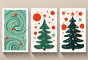 Naklejka premium Abstract art posters wall art decor set of three, happy cheerful minimalist design cute Christmas tree boho line dot free shape design, pink green, color