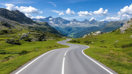 Fototapeta premium scenic mountain pass with winding roads surrounded by lush greenery and majestic peaks