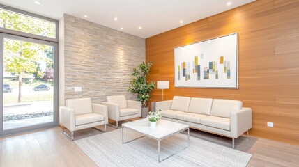 Modern lobby waiting area with wood walls, natural light
