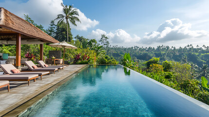 Obraz premium outdoor infinity pool overlooking a tropical landscape with sun loungers and a stylish cabana 