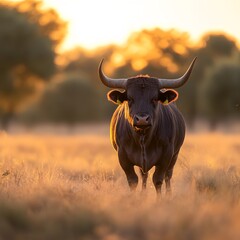 Majestic bull sunset pasture field livestock farming
