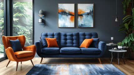 Dark blue sofa and recliner chair in Scandinavian apartment. Interior design of modern living room.