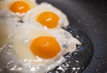 Fried eggs on frying pan