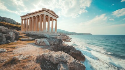 Obraz premium Coastal Temple Ruins Sunny Day, Aegean Sea Background. Travel, History, Architecture
