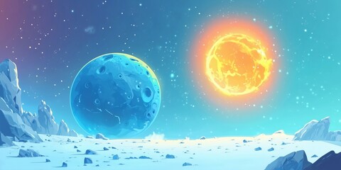 Naklejka premium Futuristic landscape featuring blue planet and bright sun in a cosmic setting