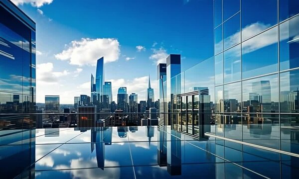 Glass skyscrapers video background, buildings video background, skyscrapers video background, glass buildings video background, generated with ai