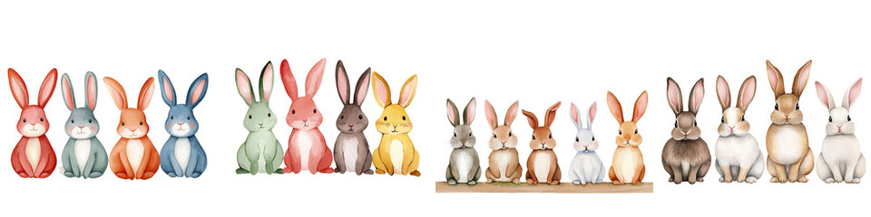 Fototapeta premium Colorful rabbit collection posed together studio digital art whimsical front view animal design