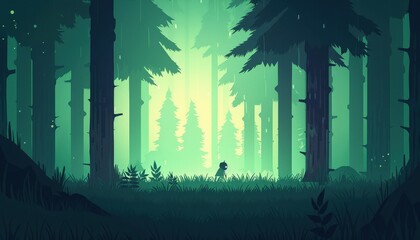 Silhouette in a forest, atmospheric, green hues, tranquil background, for meditation or relaxation