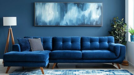 Dark blue sofa and recliner chair in Scandinavian apartment. Interior design of modern living room.