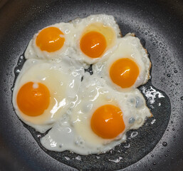 Fried eggs on frying pan